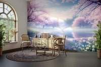 A graceful subtle bloom wall mural in cool, natural tones.

