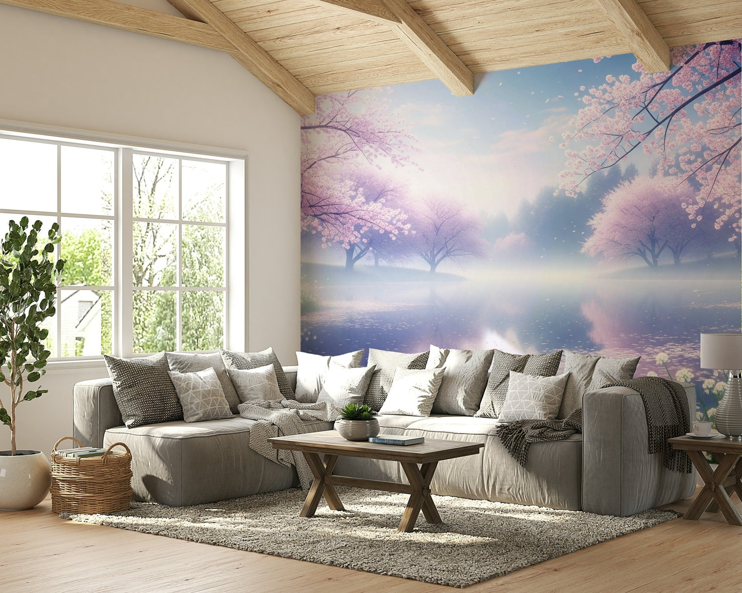 A peaceful flower design mural on decorative wallpaper.

