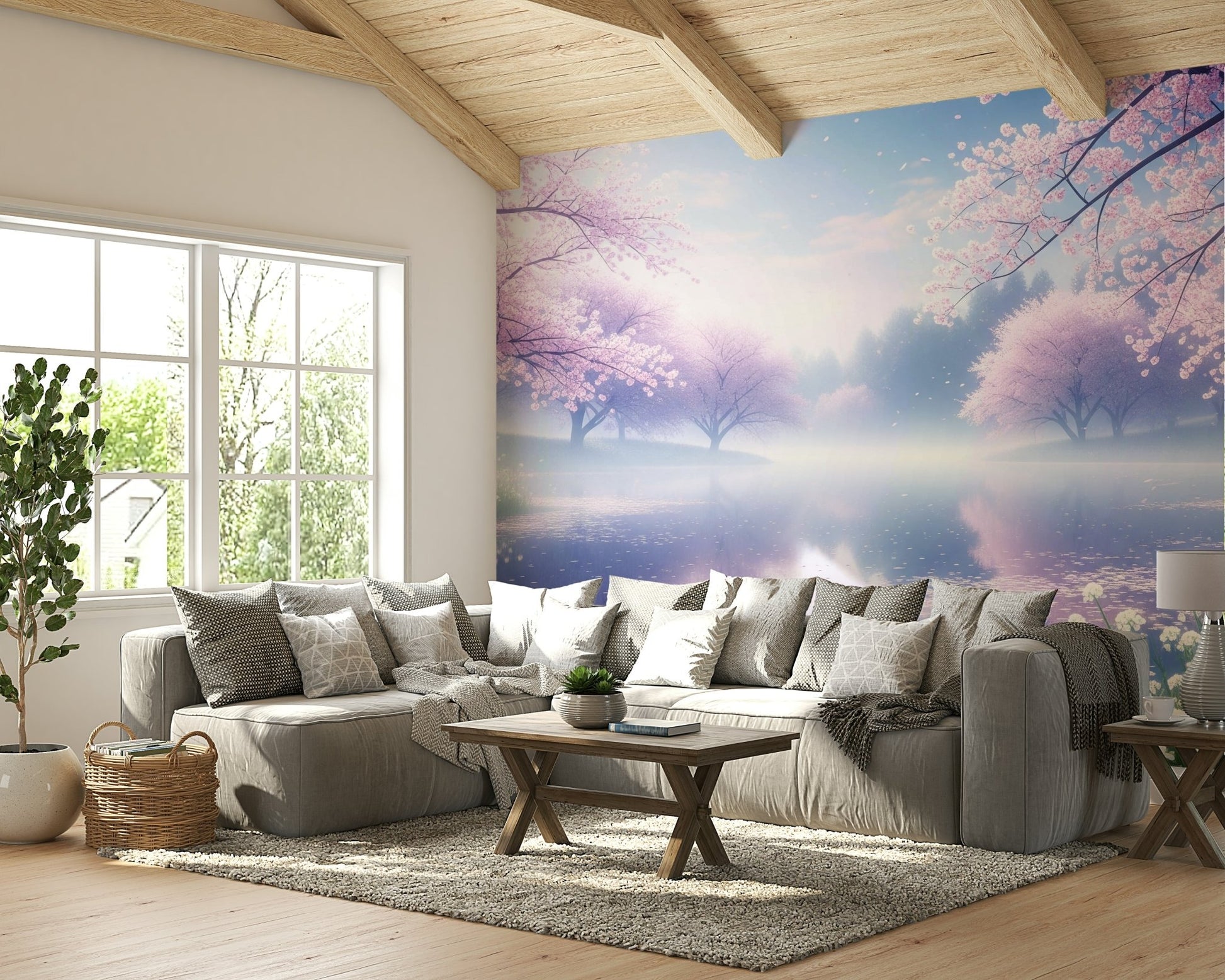 A peaceful flower design mural on decorative wallpaper.


