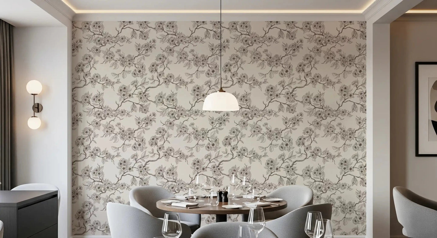 Fine branch detail shapes Chery Blossom Branches wallpaper in soft blue tones, GD9275