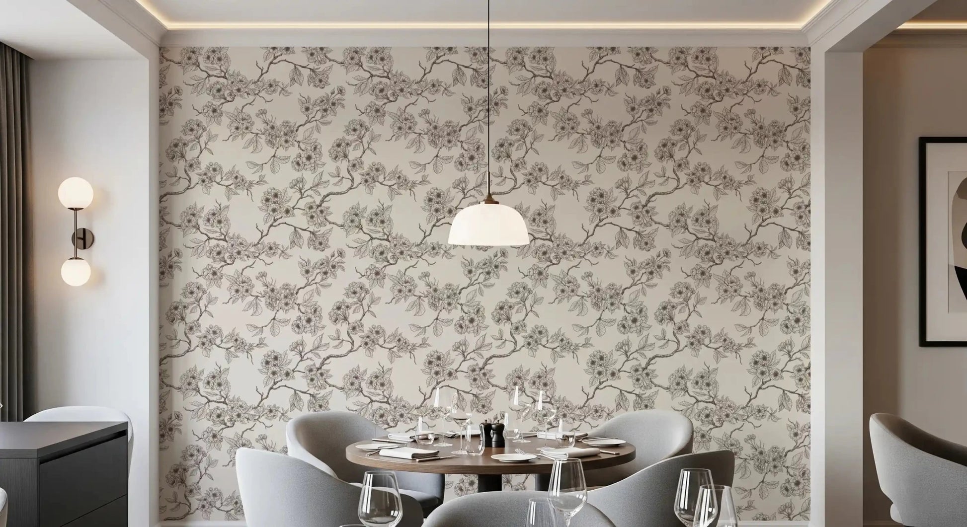 Fine branch detail shapes Chery Blossom Branches wallpaper in soft blue tones, GD9275