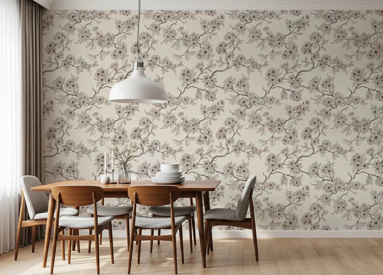 Gentle botanical lines define Chery Blossom Branches wallpaper with calm contrast