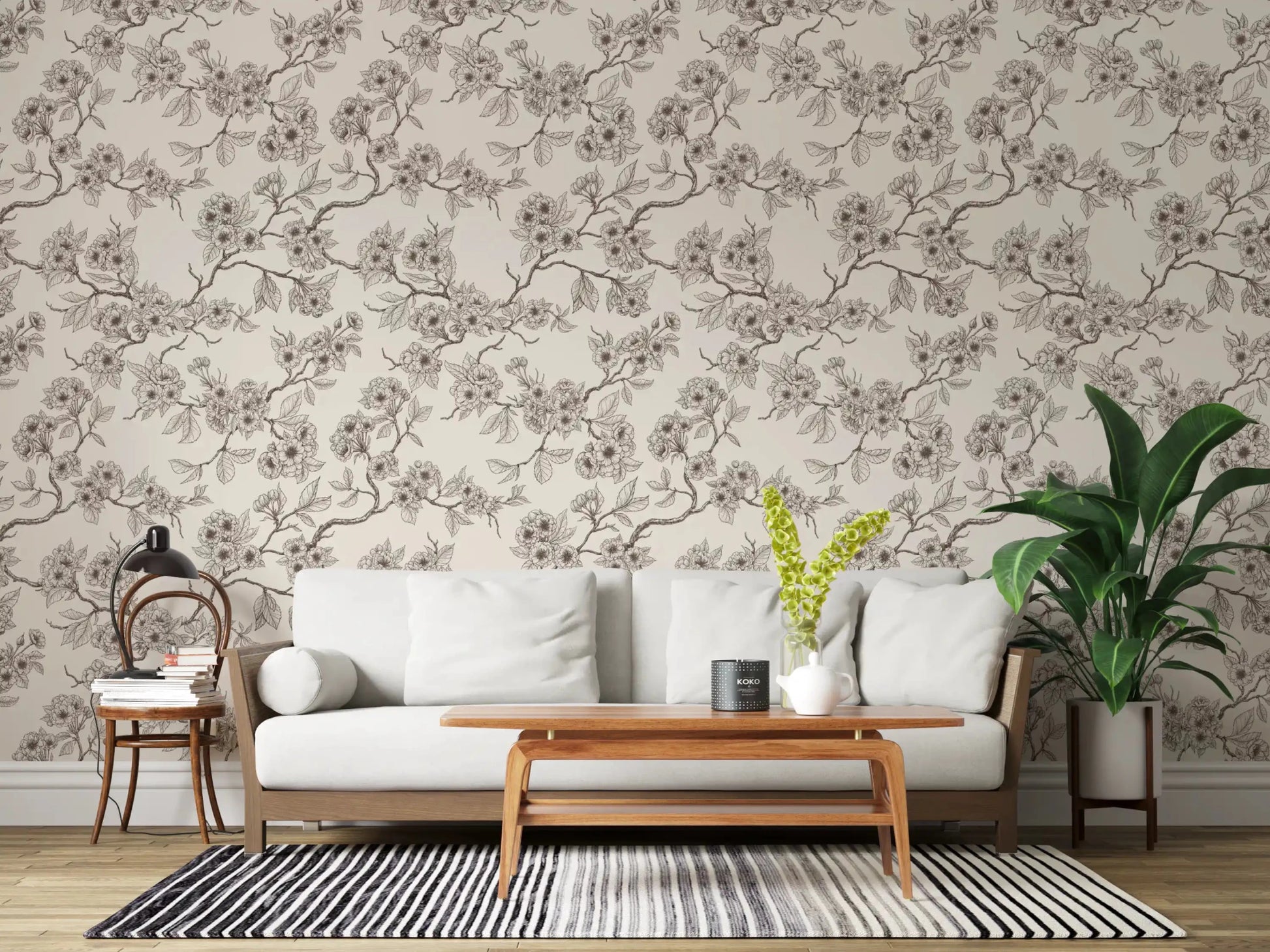 Living room styled with Chery Blossom Branches wallpaper in blue on off white, GD9275