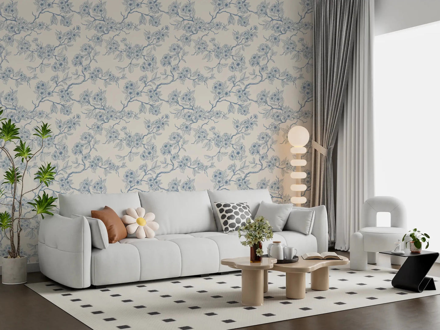Chery blossom branches in blue and off white Wallpaper⁠GD9204