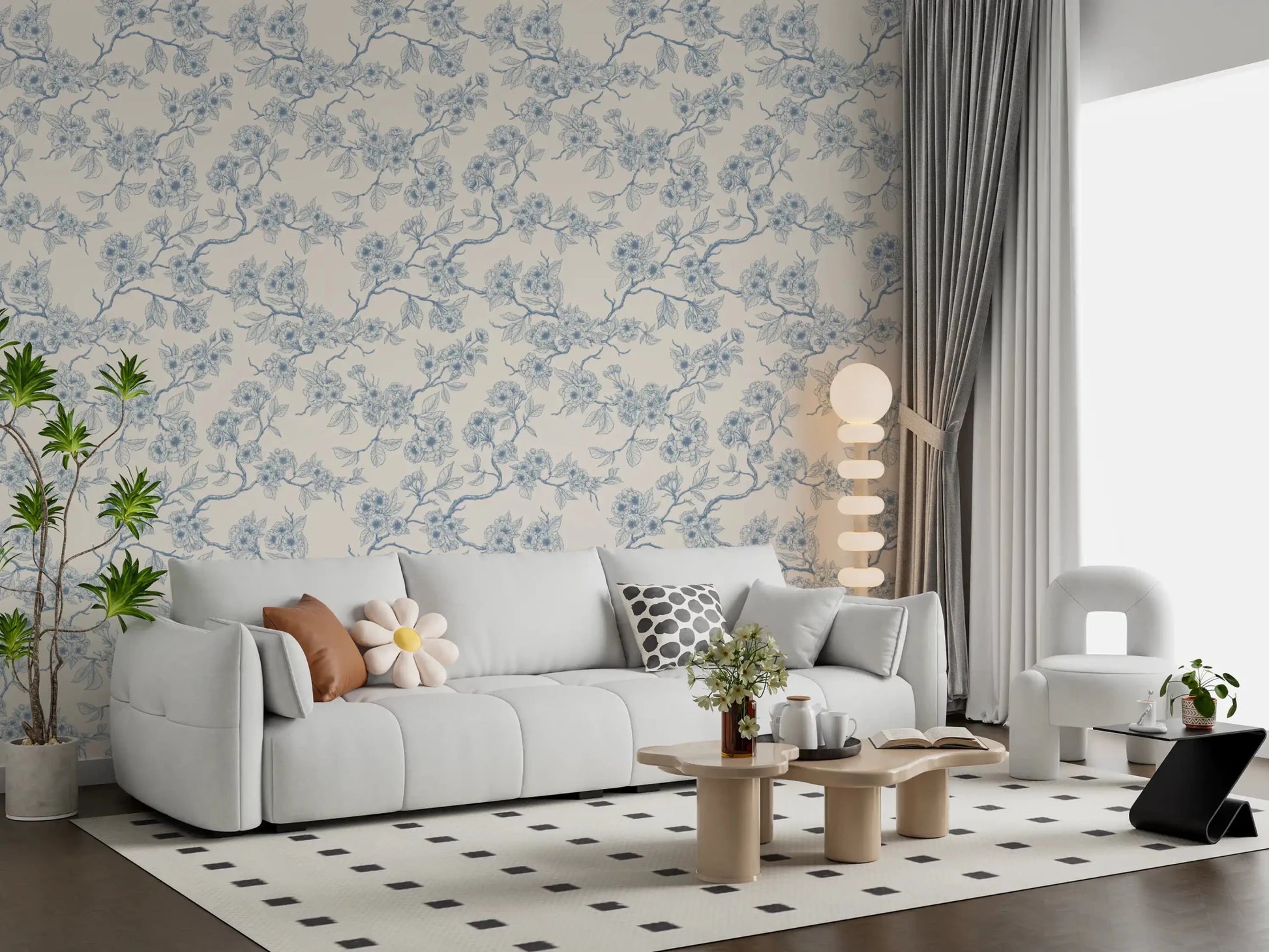 Chery blossom branches in blue and off white Wallpaper⁠GD9204