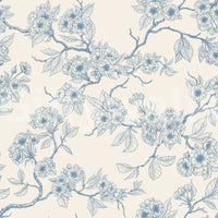Off white floral wallpaper with blue branches and blooms, GD9204