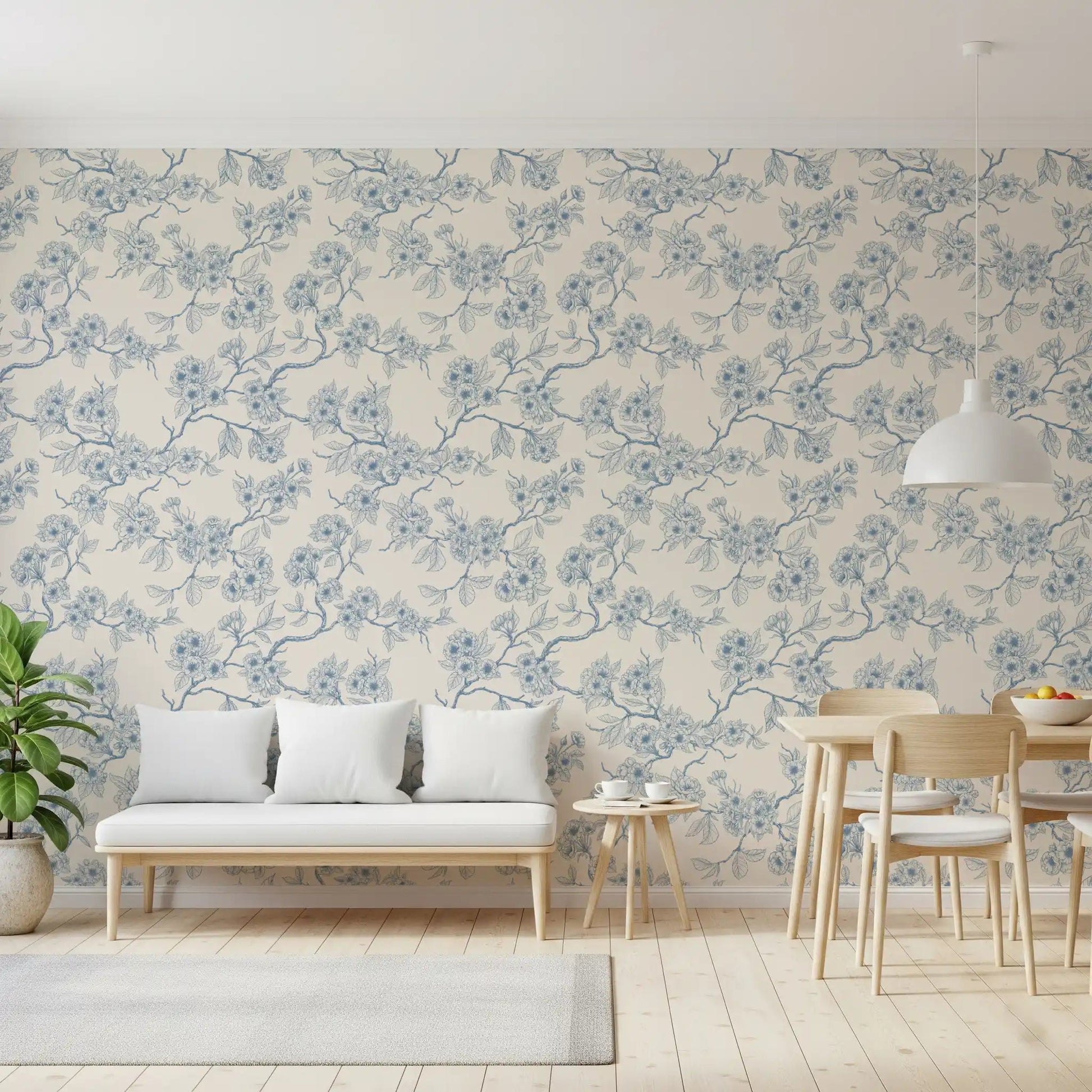 Chery blossom branches in blue and off white Wallpaper⁠GD9204