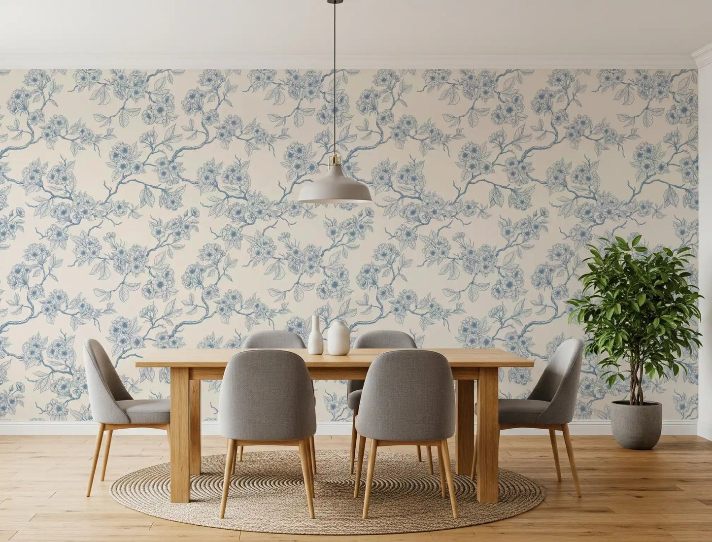 Chery blossom branches in blue and off white Wallpaper⁠GD9204