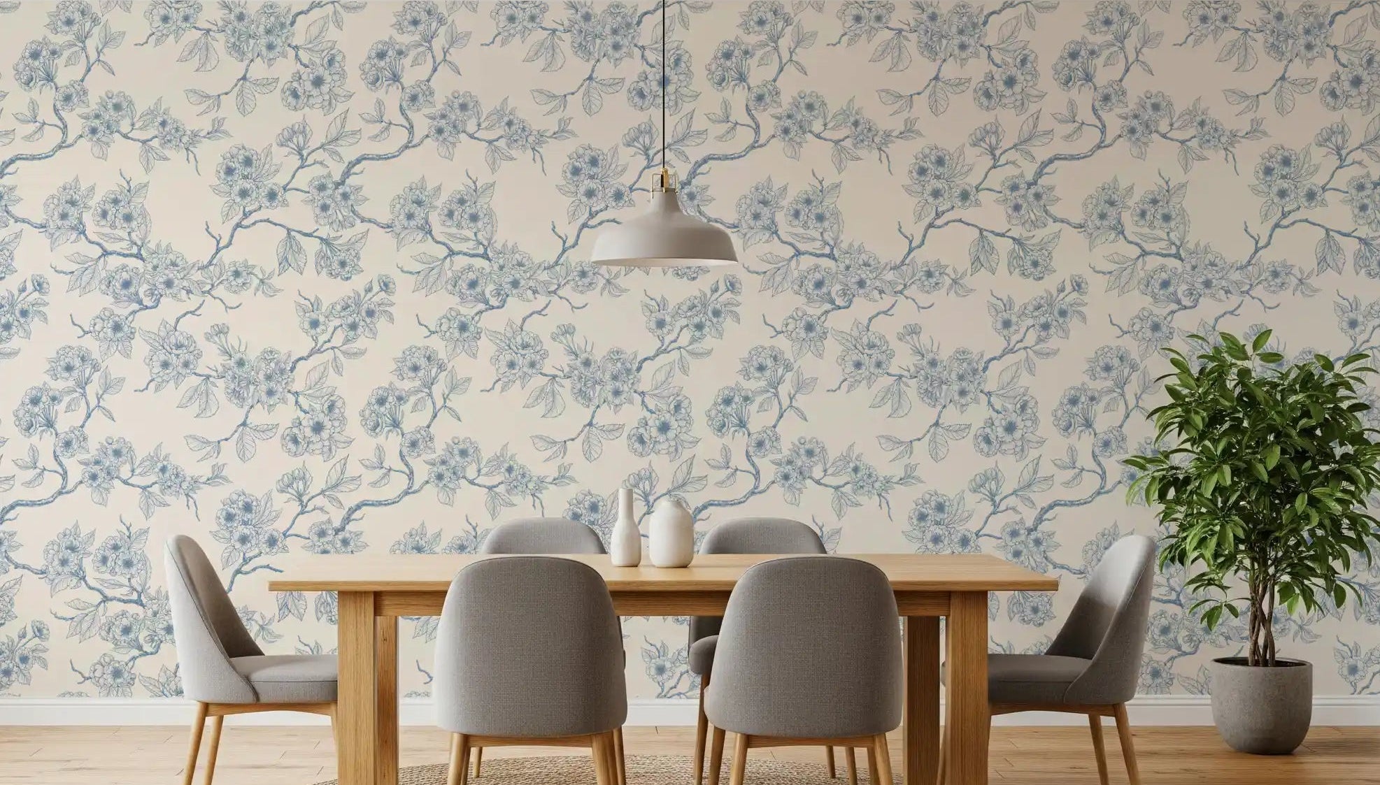 Dining room blossom branch wallpaper in blue line pattern GD9204
