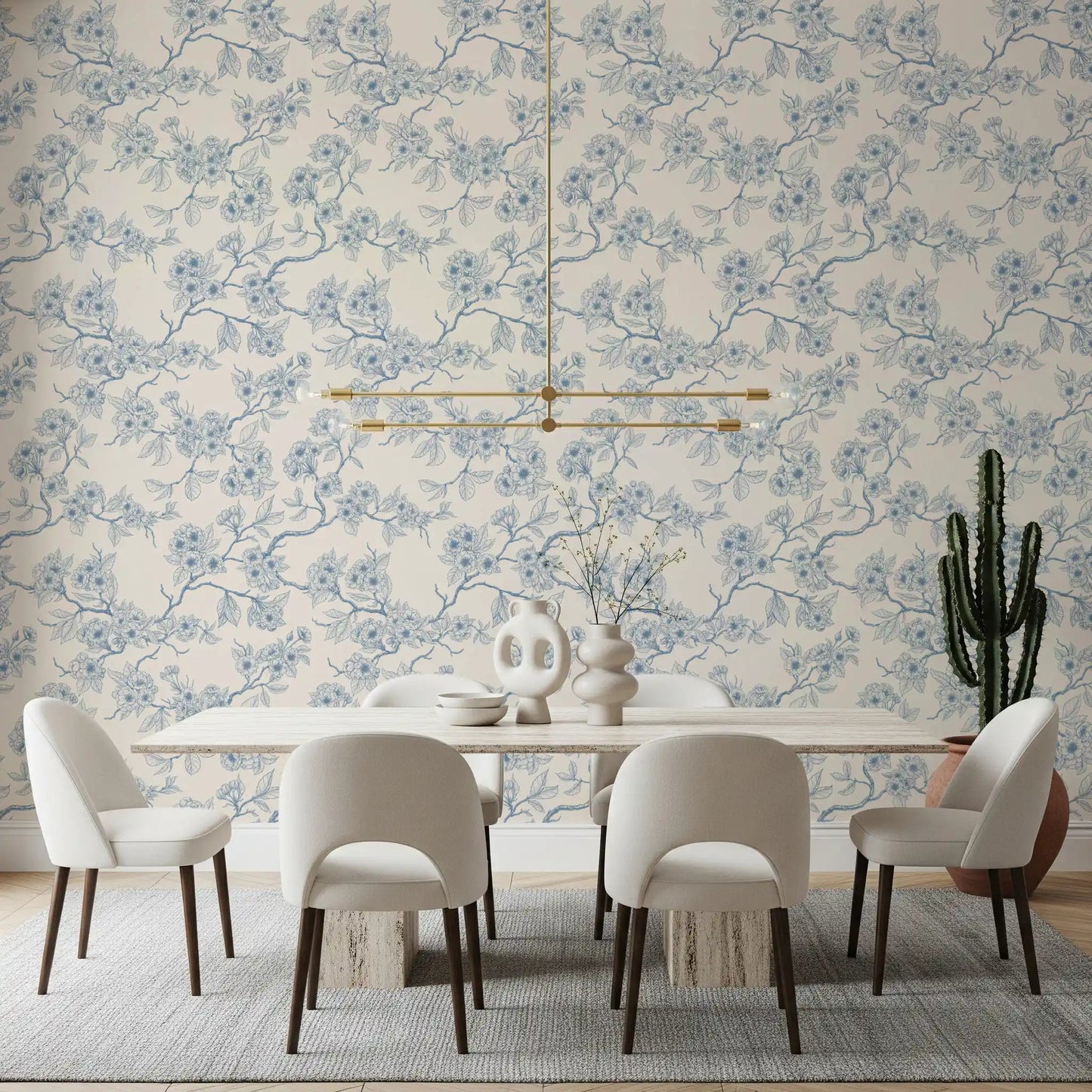 Chery blossom branches in blue and off white Wallpaper⁠GD9204