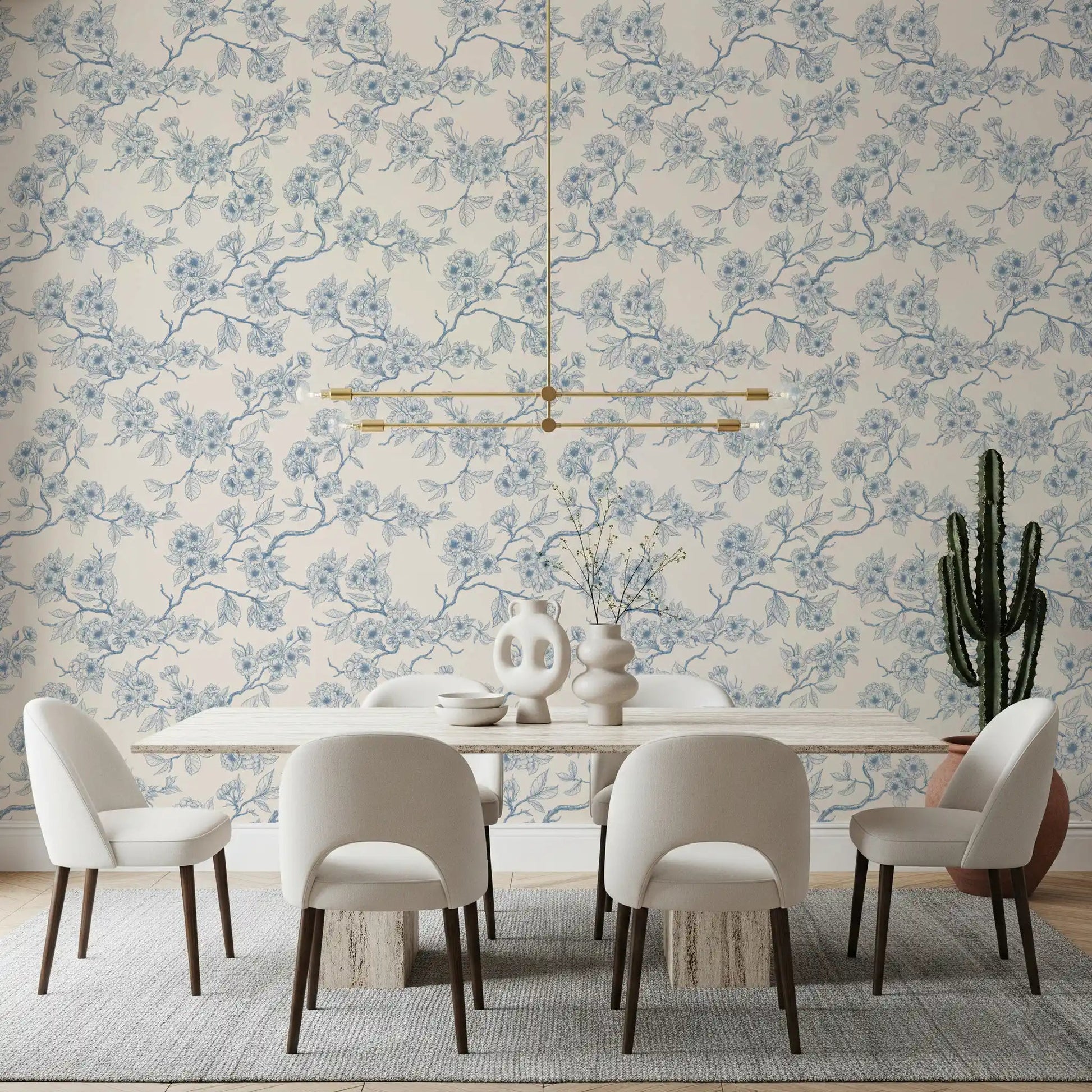 Chery blossom branches in blue and off white Wallpaper⁠GD9204