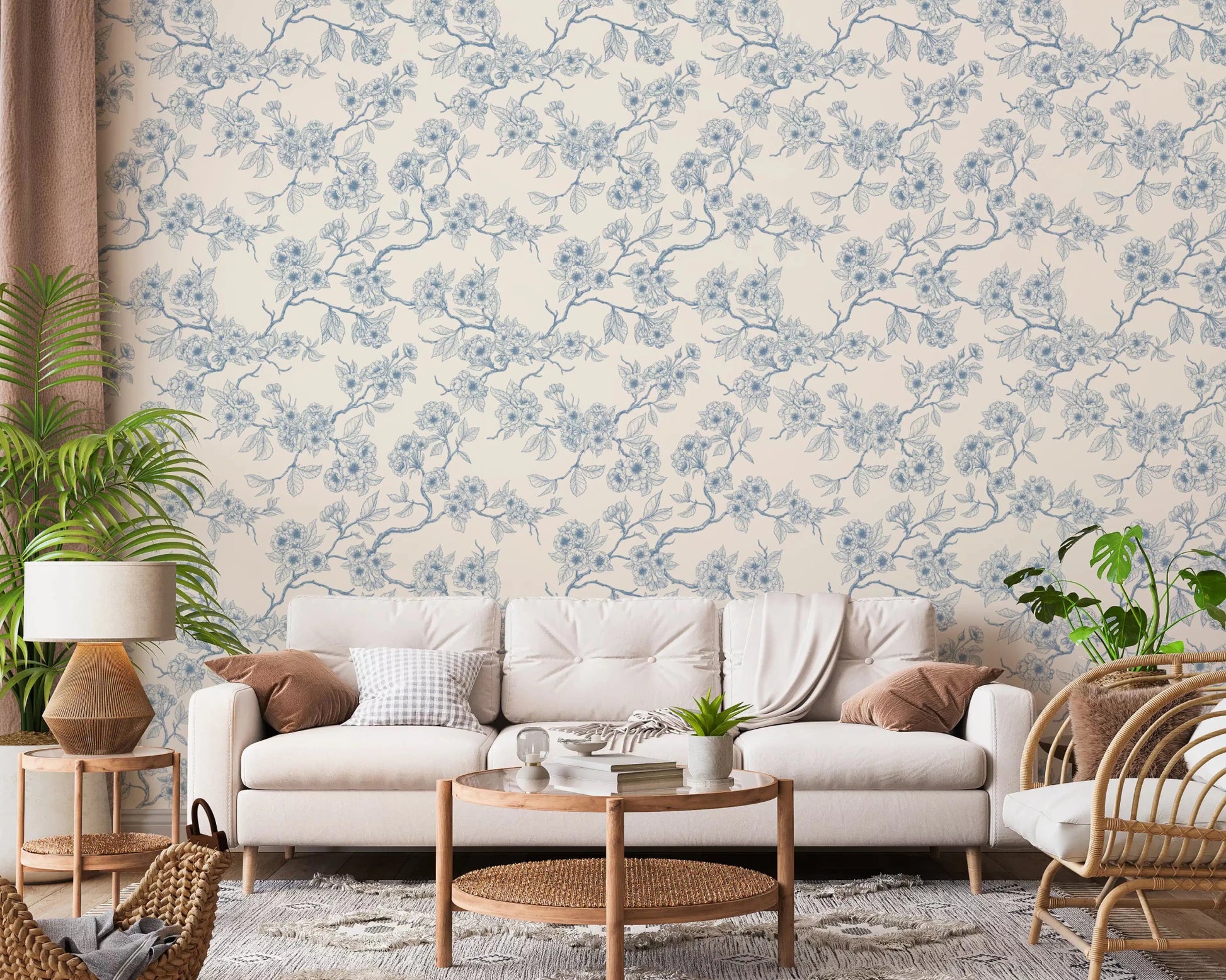 Chery blossom branches in blue and off white Wallpaper⁠GD9204