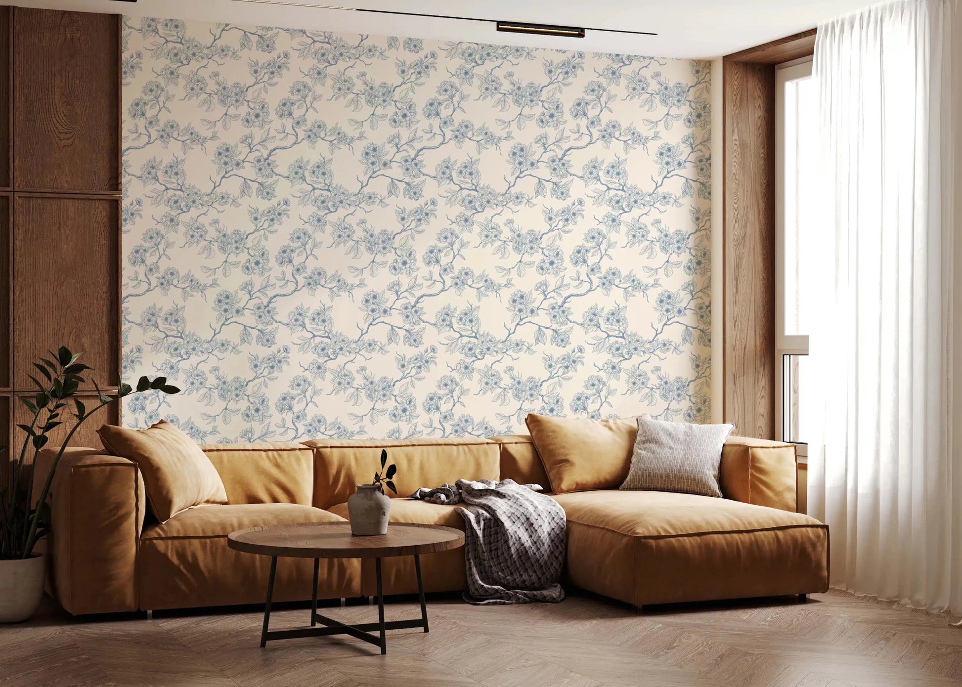 Chery blossom branches in blue and off white Wallpaper⁠GD9204