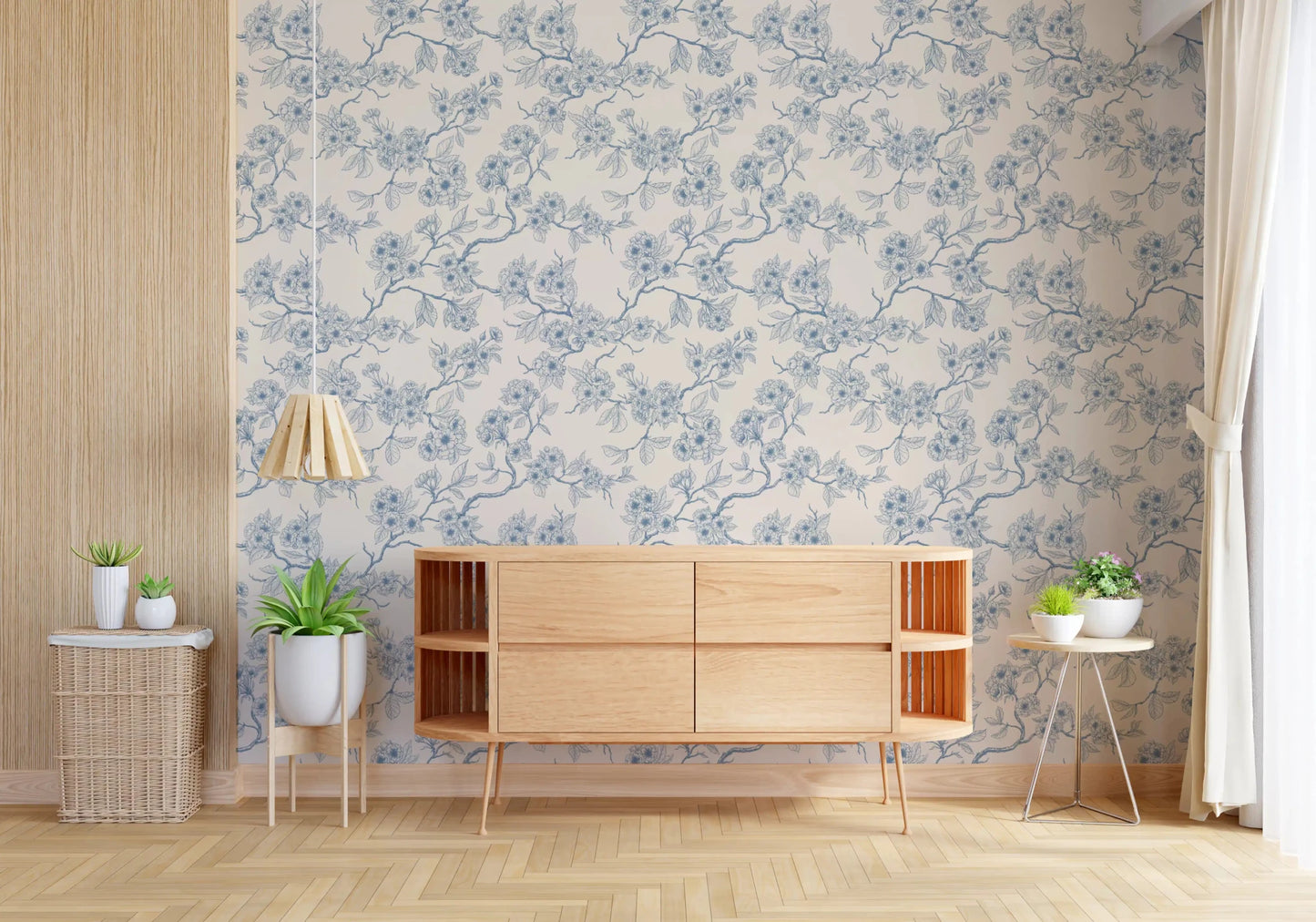 Chery blossom branches in blue and off white Wallpaper⁠GD9204