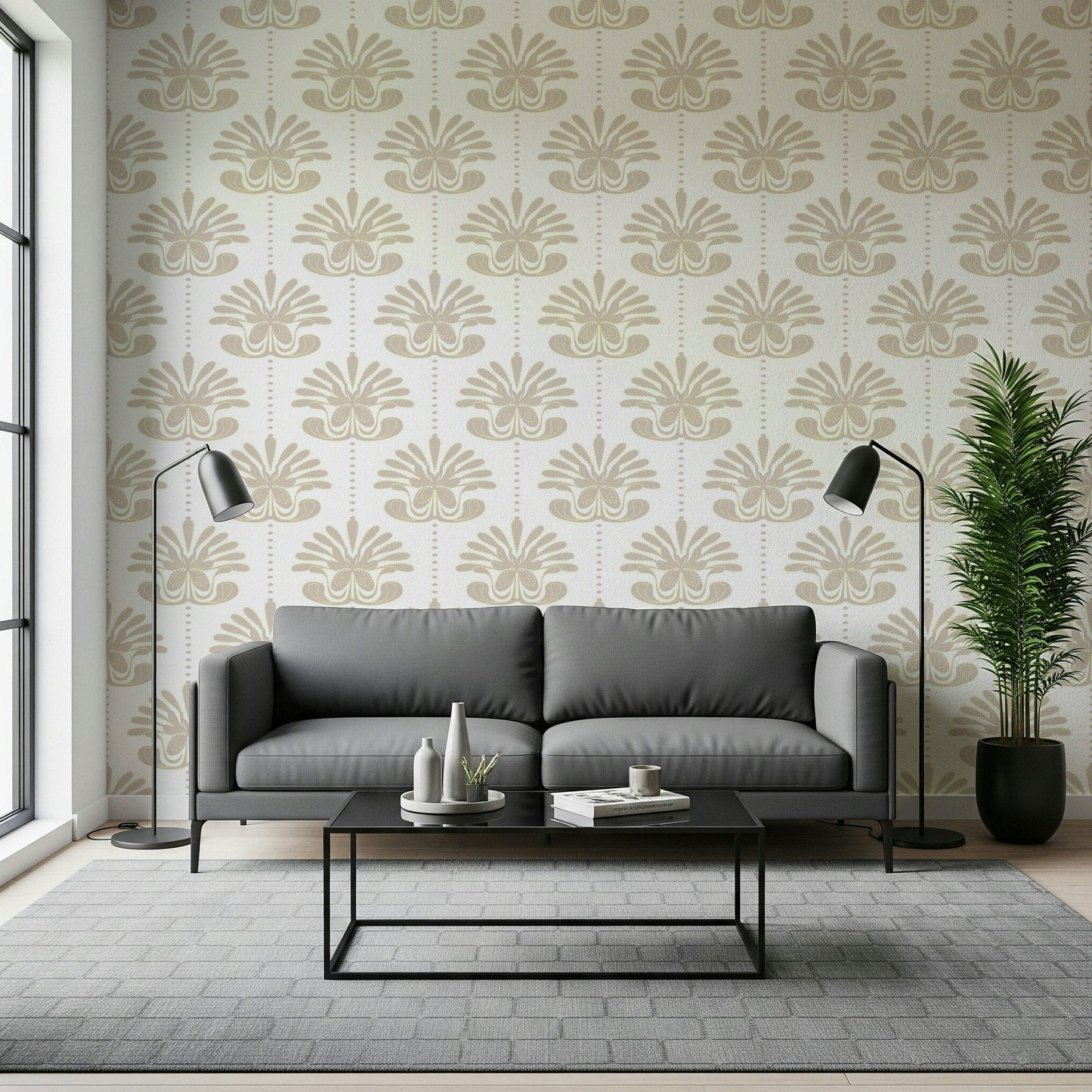 Contemporary dining area featuring the Chic Floral Symmetry Wallpaper.