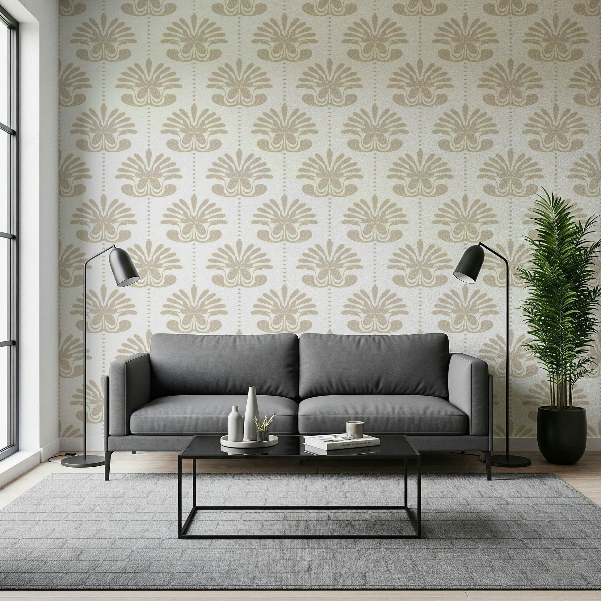 Contemporary dining area featuring the Chic Floral Symmetry Wallpaper.