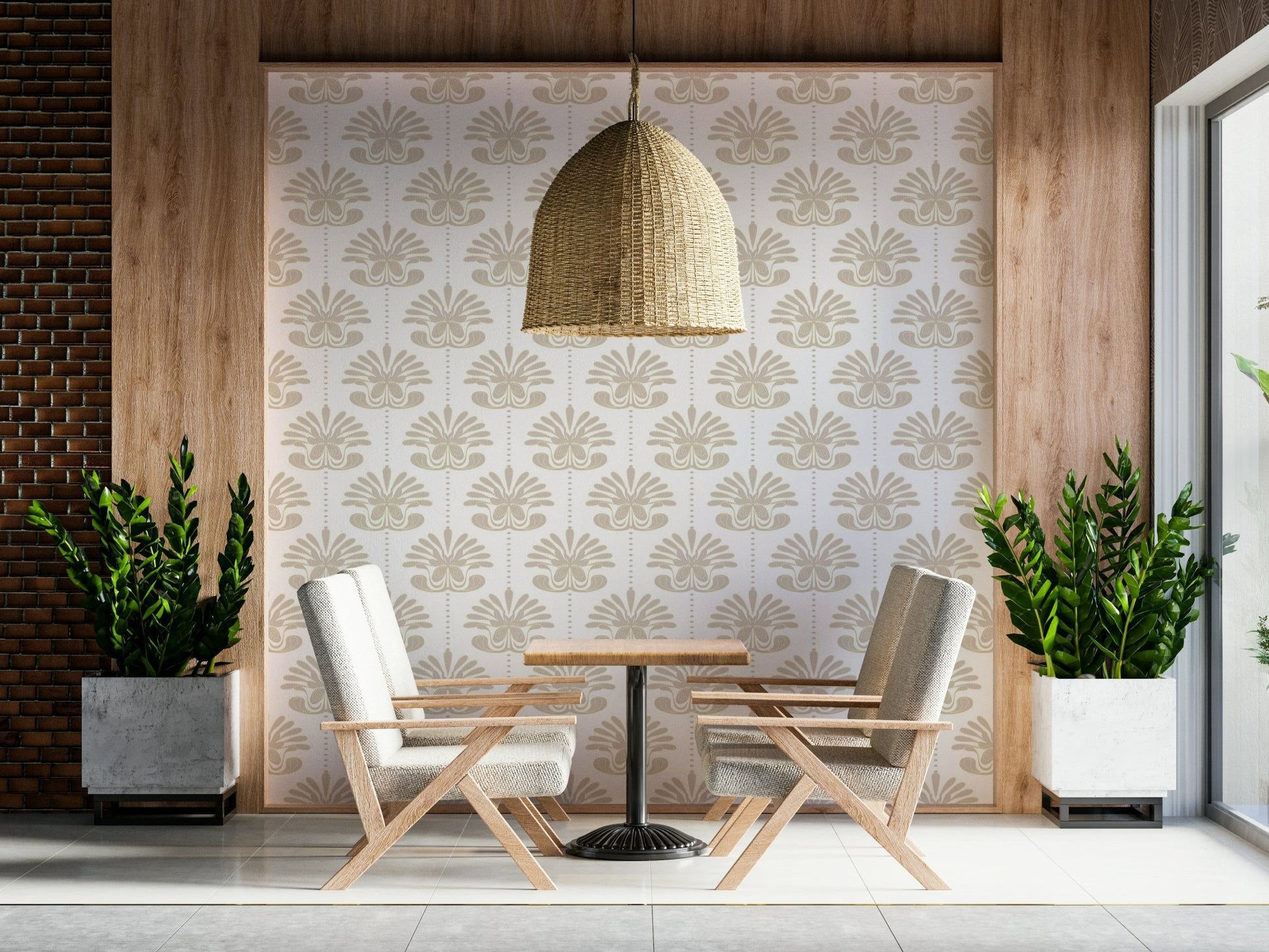 Full view of a living room with Chic Floral Symmetry Wallpaper accent wall.