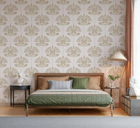 Chic Floral Symmetry Wallpaper behind a minimalist white sofa.