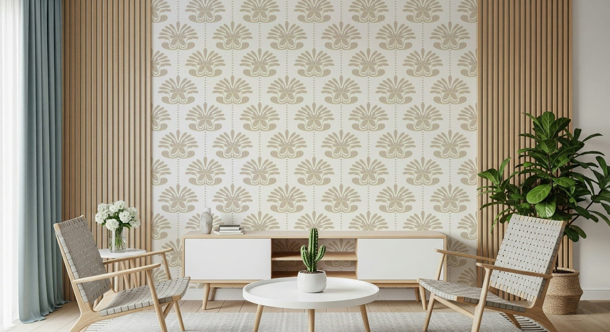 Geometric floral motifs in the Chic Floral Symmetry Wallpaper mural.