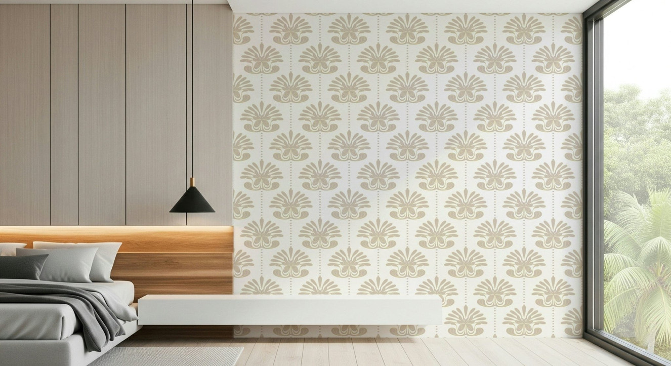 Chic Floral Symmetry Wallpaper in an elegant, modern bedroom.