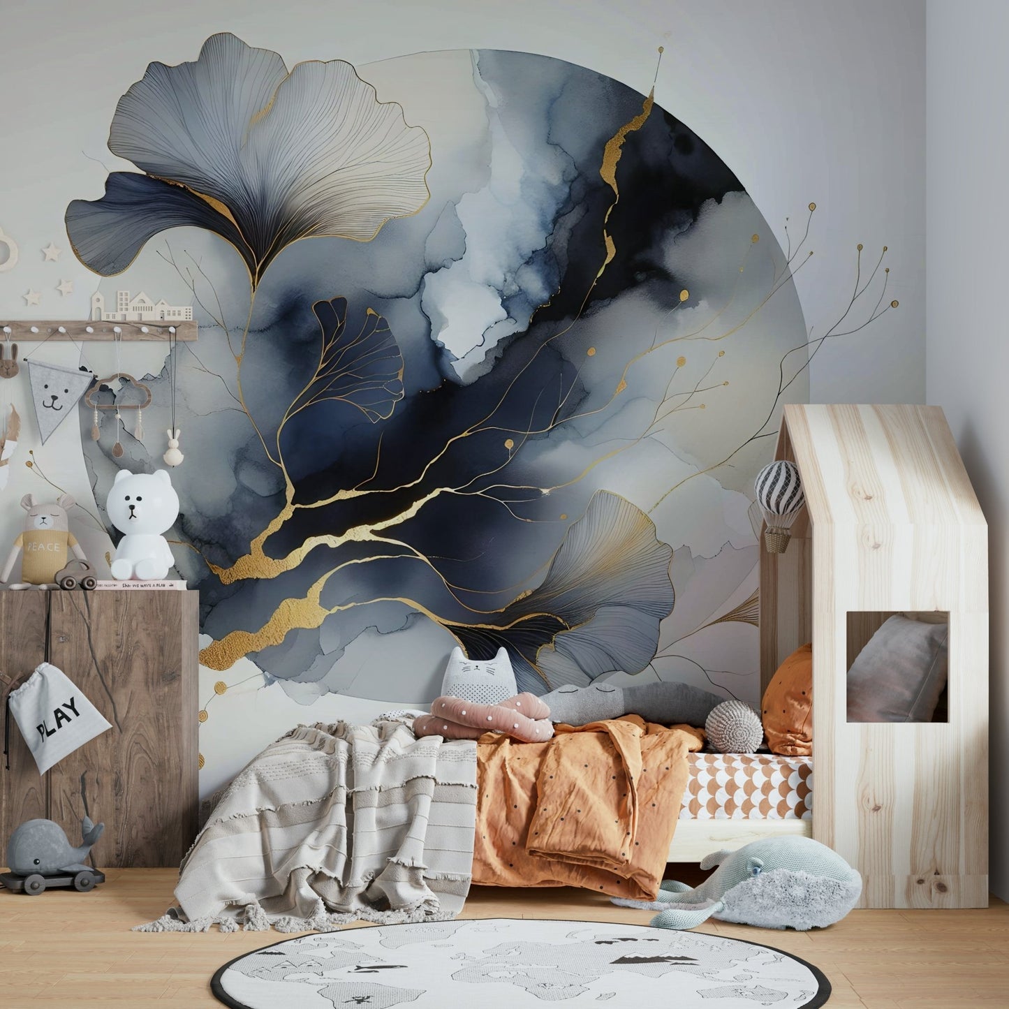 Modern ginkgo wallpaper with soft moonlit tones.

