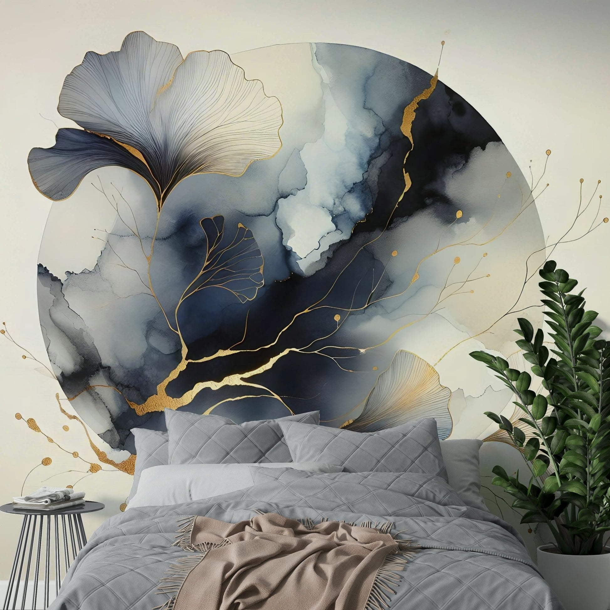 Ginkgo leaves mural under a dreamy moonlight theme.

