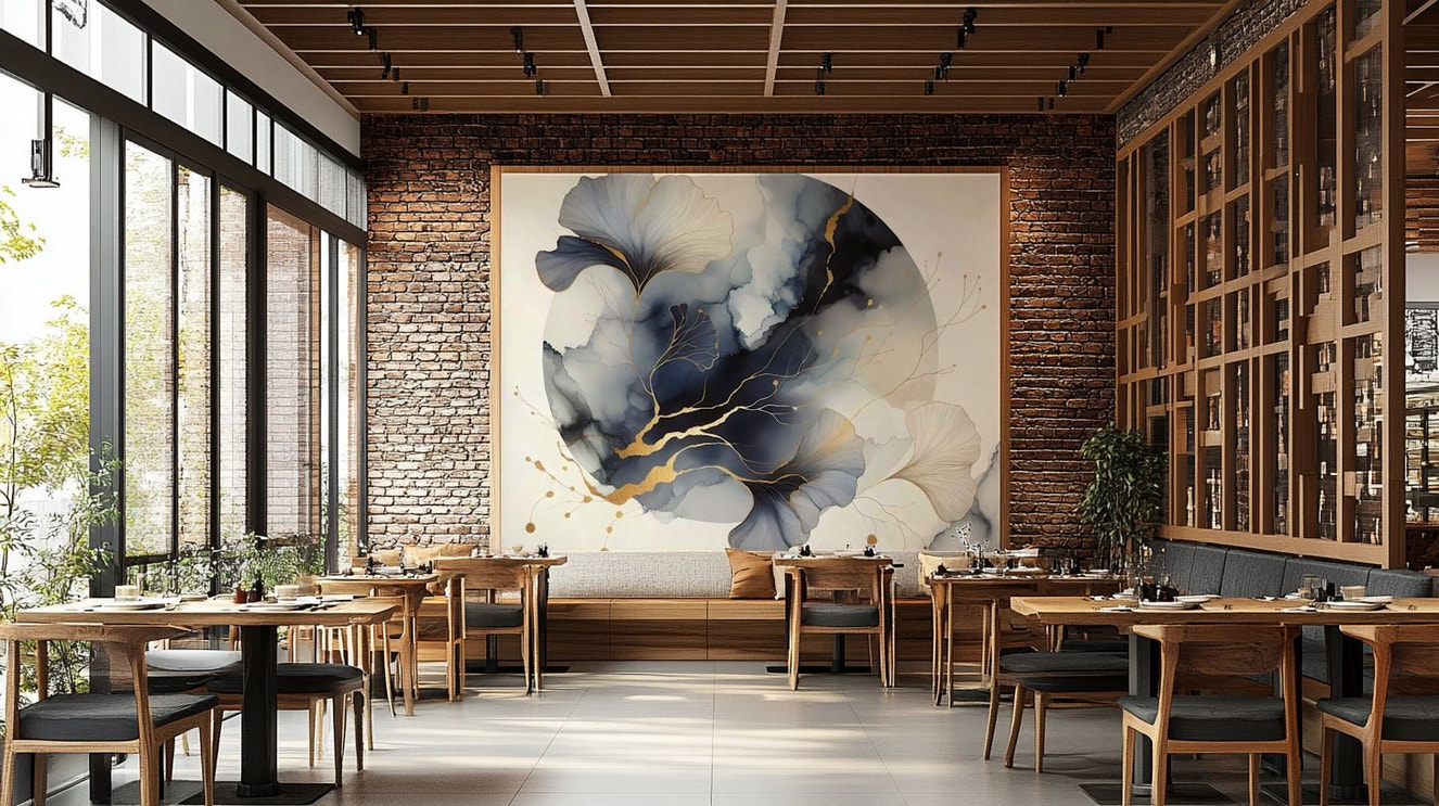 Chic ginkgo leaf mural with crescent moon accents.

