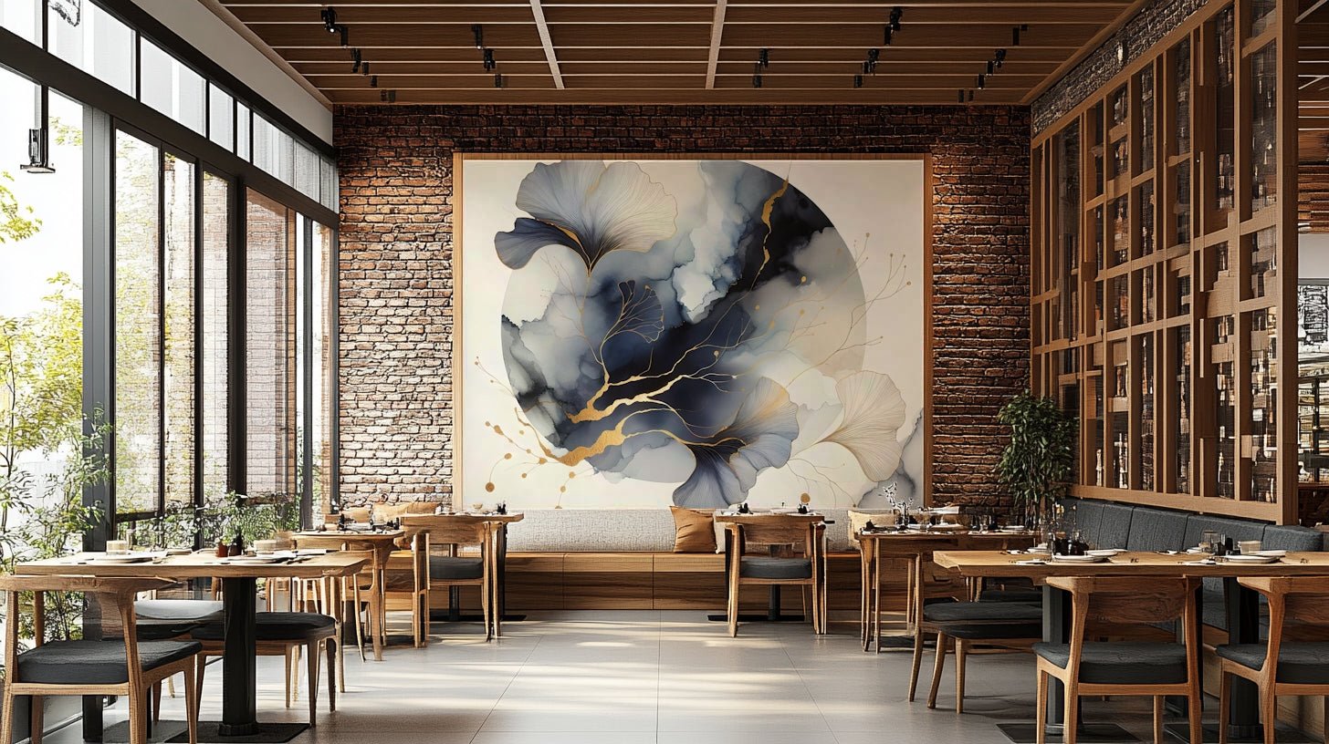 Chic ginkgo leaf mural with crescent moon accents.

