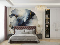 Gold and silver ginkgo mural with night-sky influence.

