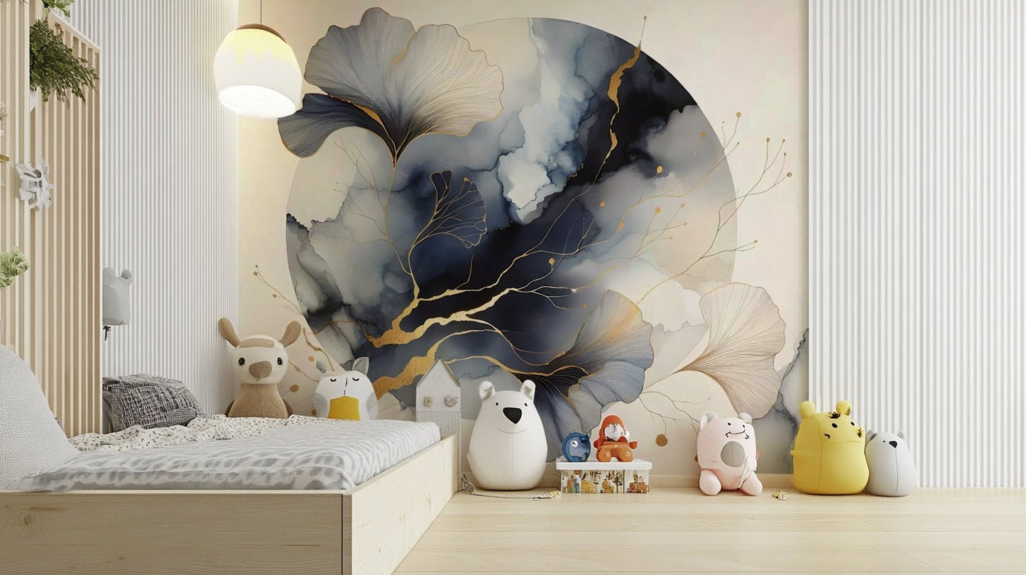 Contemporary mural featuring lunar and botanical elements.

