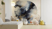 Contemporary mural featuring lunar and botanical elements.

