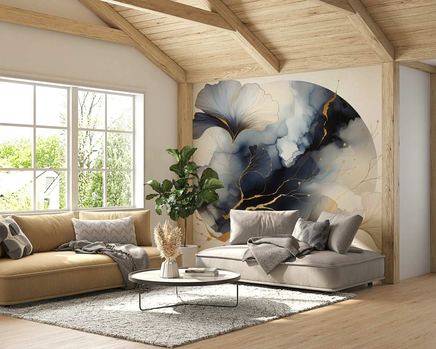 Ginkgo leaf mural with celestial metallic details.

