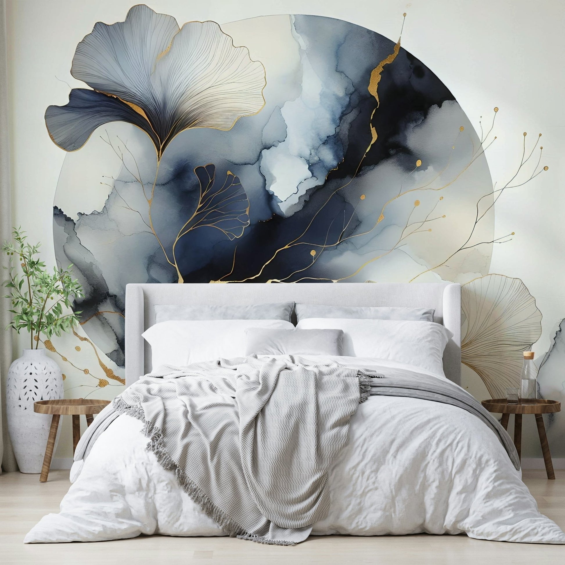 Moon-inspired wall mural with floating ginkgo leaves.


