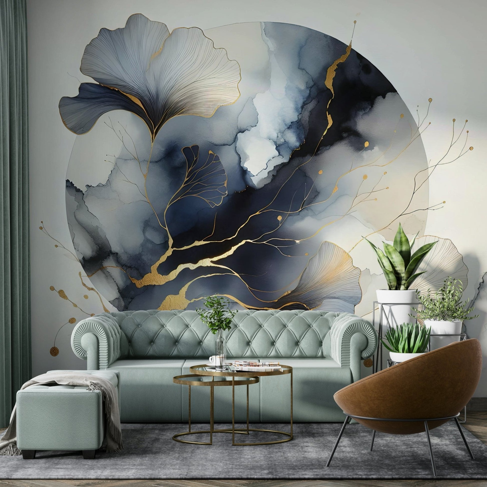 Elegant ginkgo and moon design in gold and grey.

