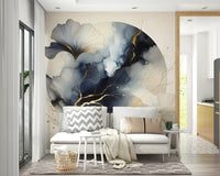 Stylish wall mural with ginkgo silhouettes and moon.

