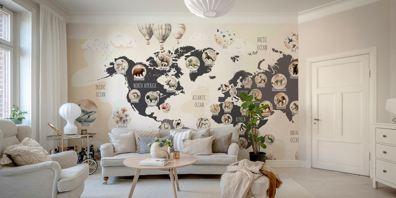 A beautiful, chic world map with cartoon animals.

