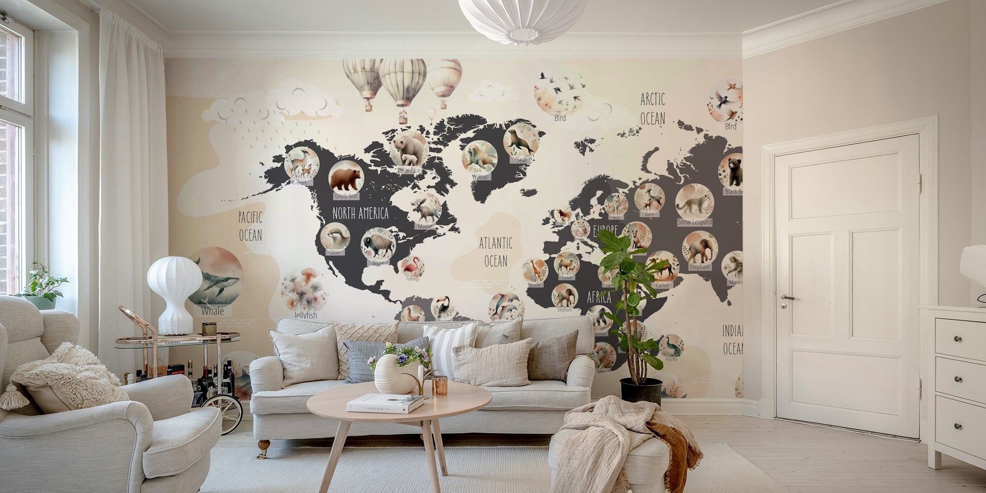 A beautiful, chic world map with cartoon animals., GD4606