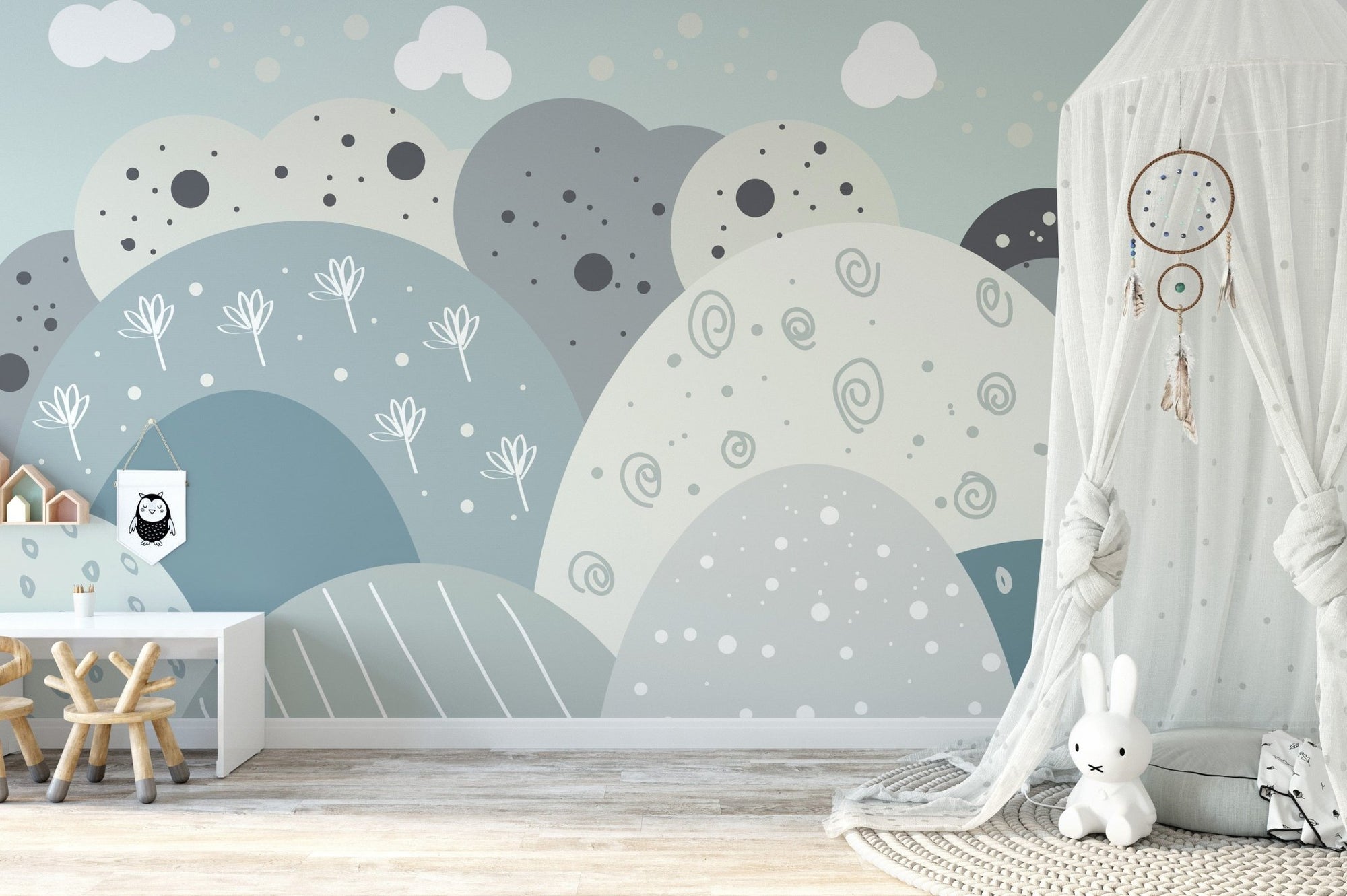 Whimsical mountain mural for kids' spaces A824