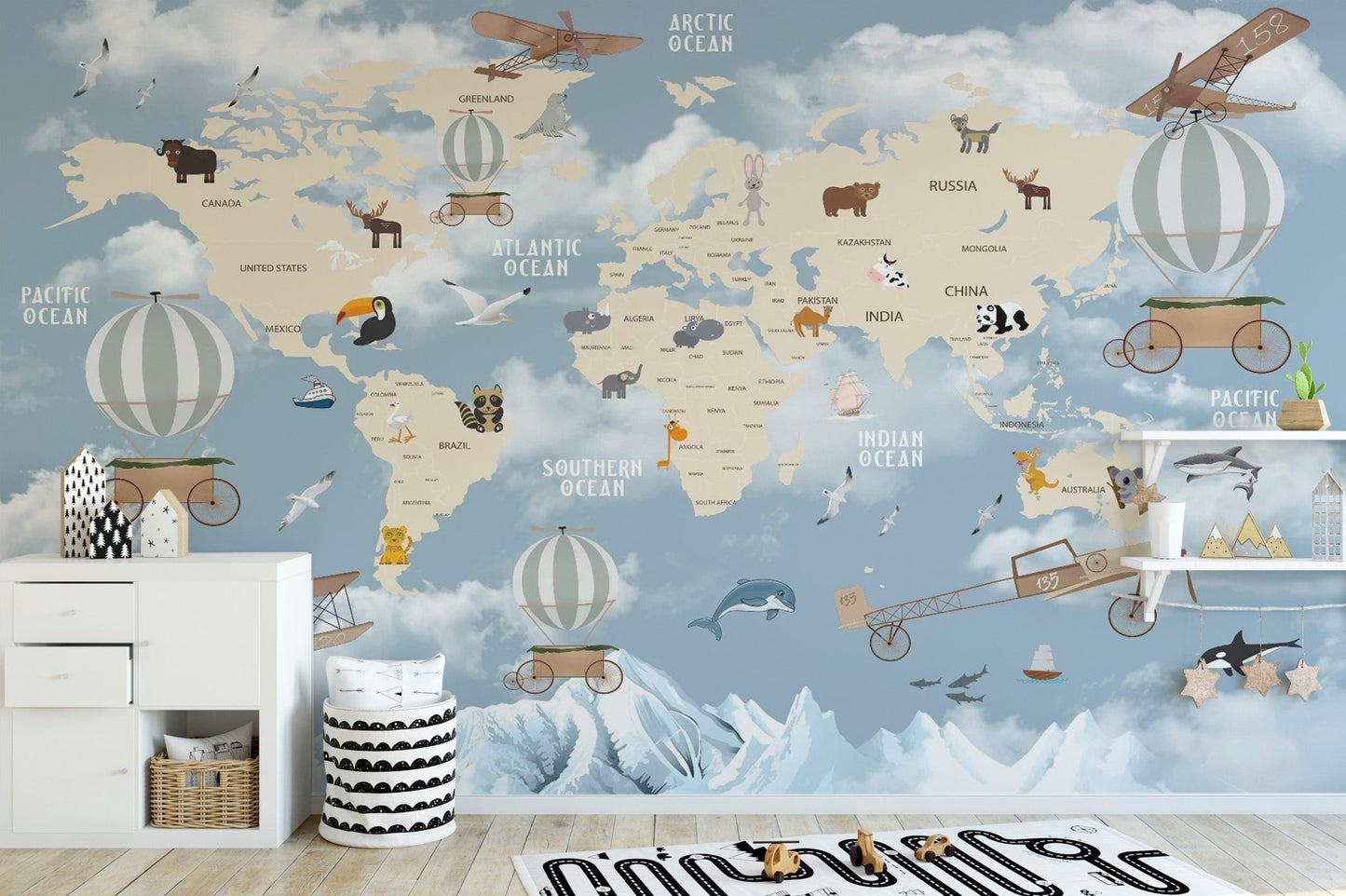 Playful children’s world map mural wallpaper
