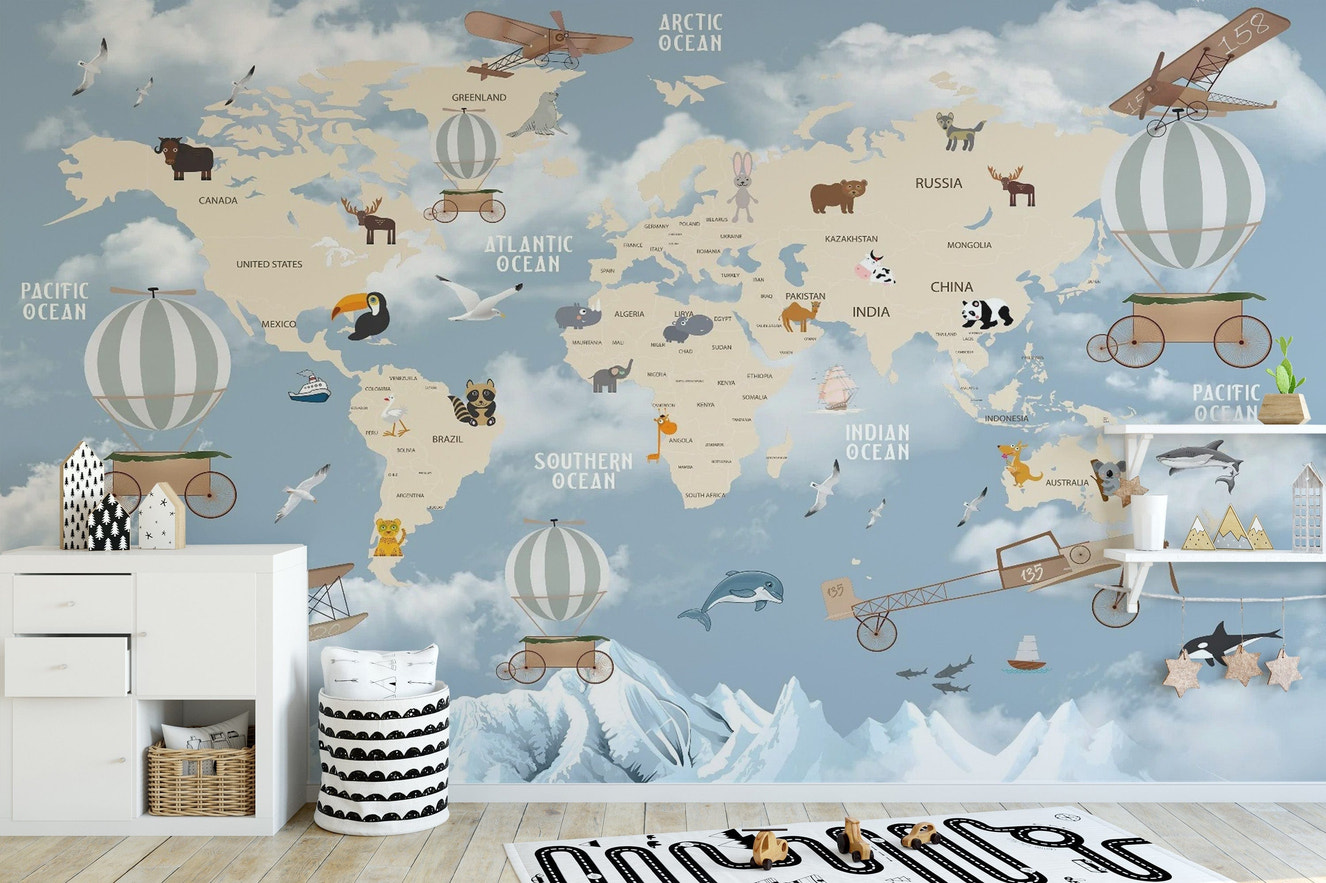 Playful children’s world map mural wallpaper
