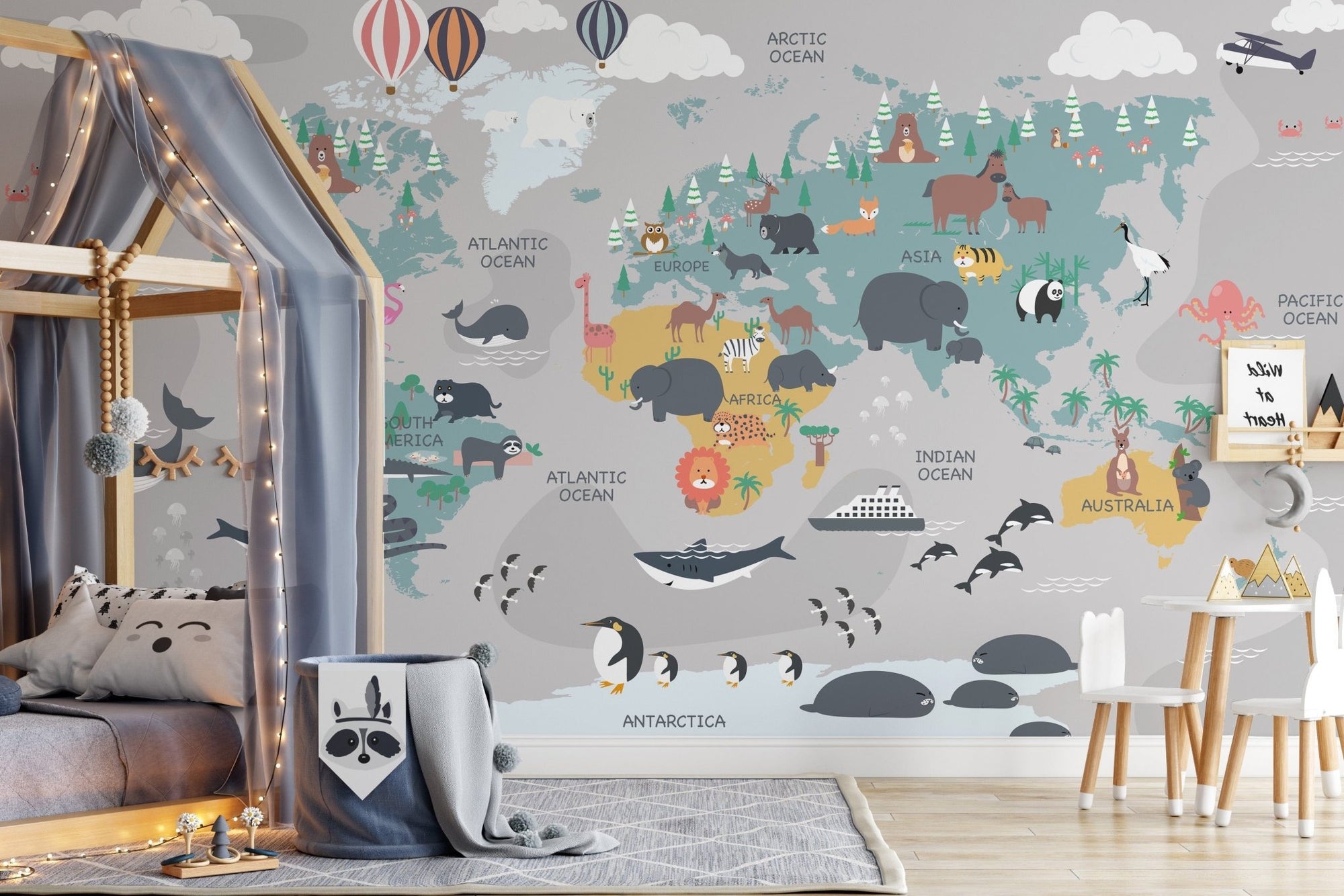 Whimsical world map mural with animals A826