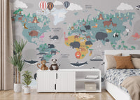Charming animal world map mural
