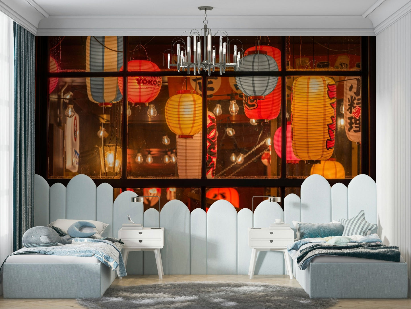 Asian-inspired lantern mural with warm tones

