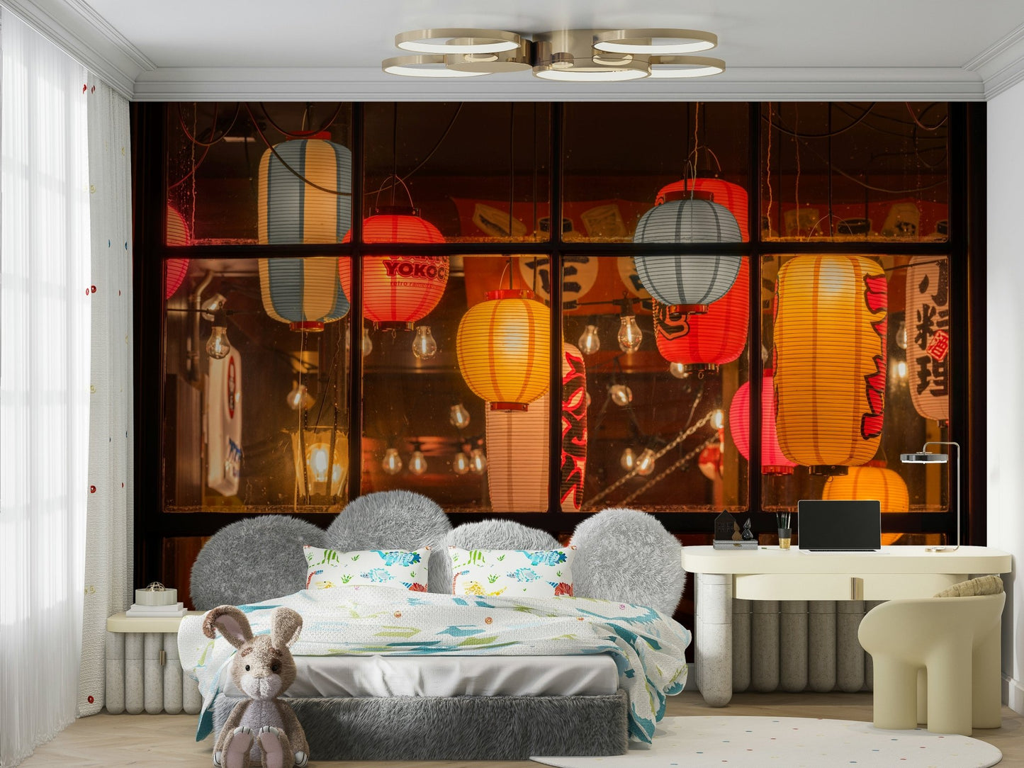Wall mural with glowing Chinese lanterns

