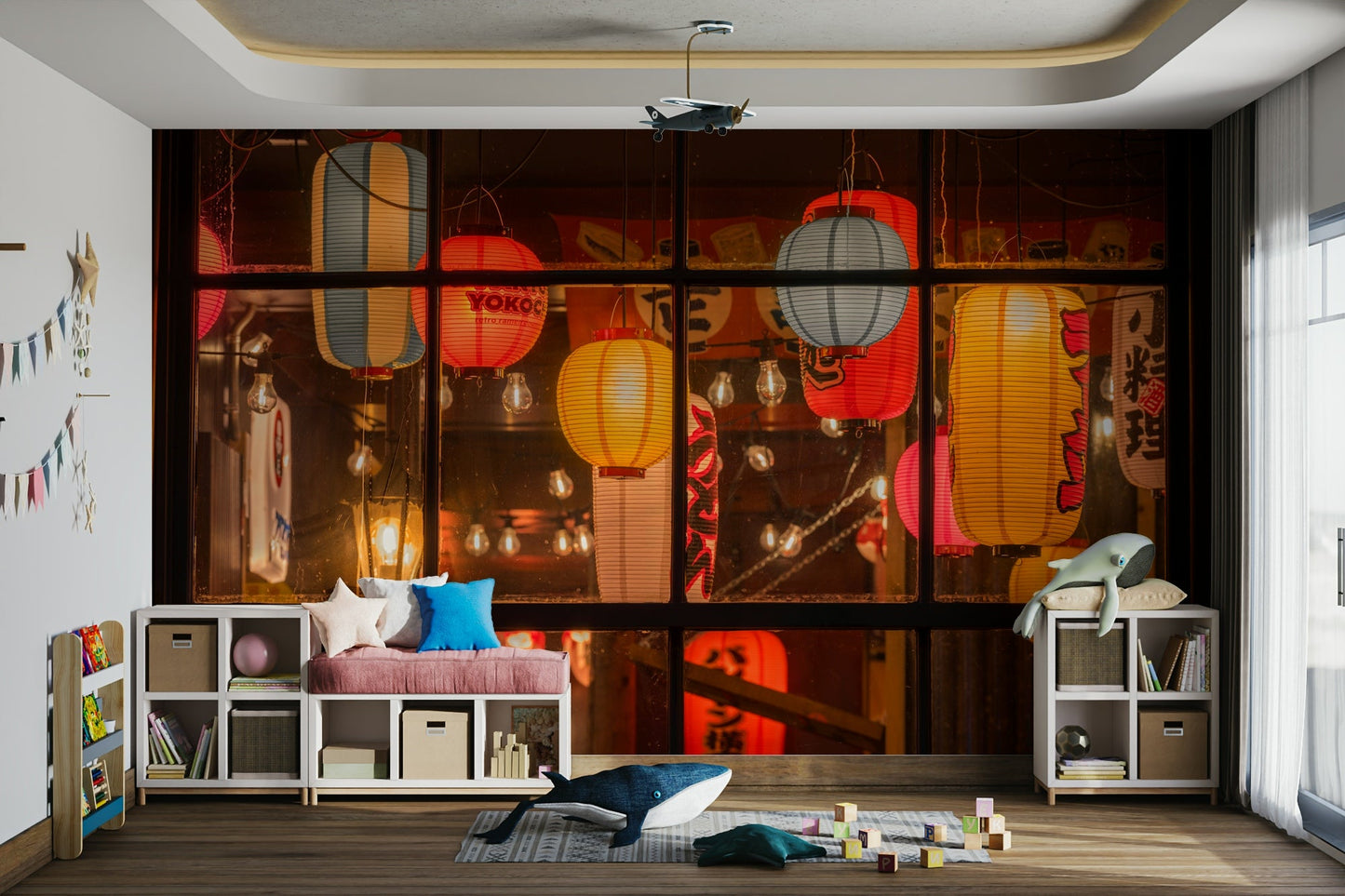 Lantern-filled shopfront wallpaper for walls

