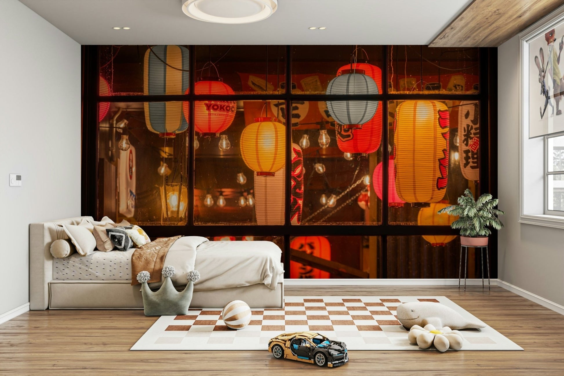 Traditional lanterns hanging in shop mural

