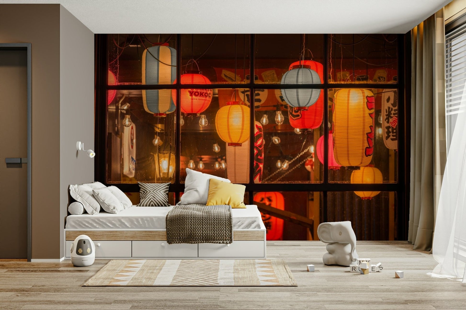 Asian-inspired lantern mural with warm tones


