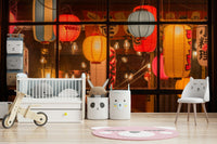 Asian-inspired lantern mural with warm tones

