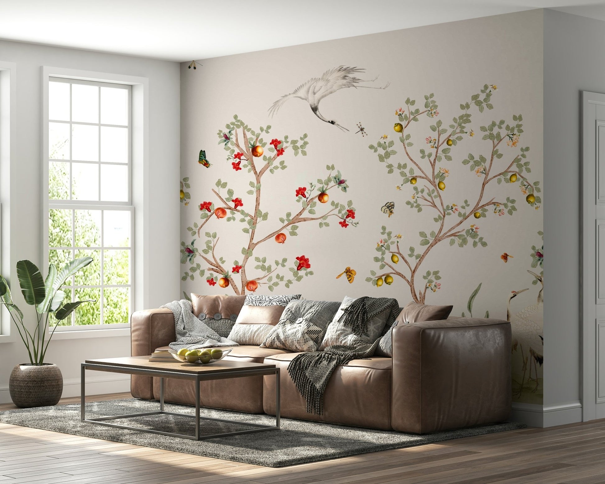 A bedroom with the Chinoiserie mural behind the headboard.

