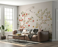 A bedroom with the Chinoiserie mural behind the headboard.


